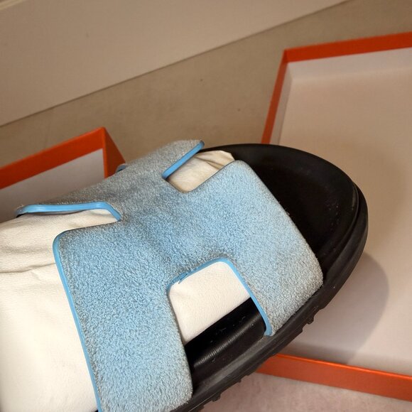 AUTHENTIC HERMES- Chypre Sandal Blue Cameo Vert Celadon Green Strap Slide - Picture 5 of 16